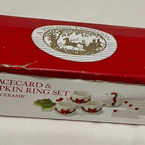Vintage 1980s Hostess “Christmas Bows & Boughs” Ceramic Napkin Ring & Place Card - Picture 2 of 9